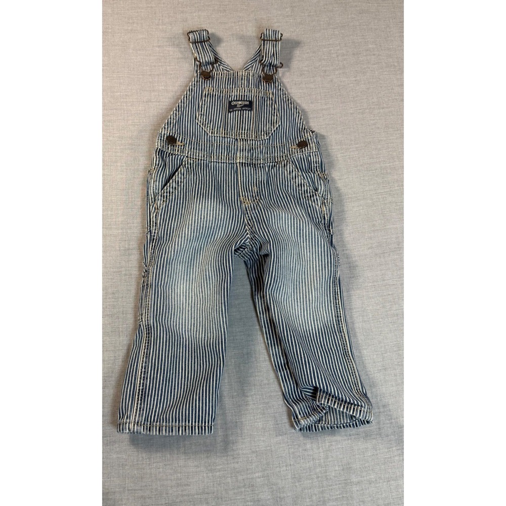 OshKosh B'gosh Kids 12M Blue White Hickory Stripe Denim Bib Overalls Vintage